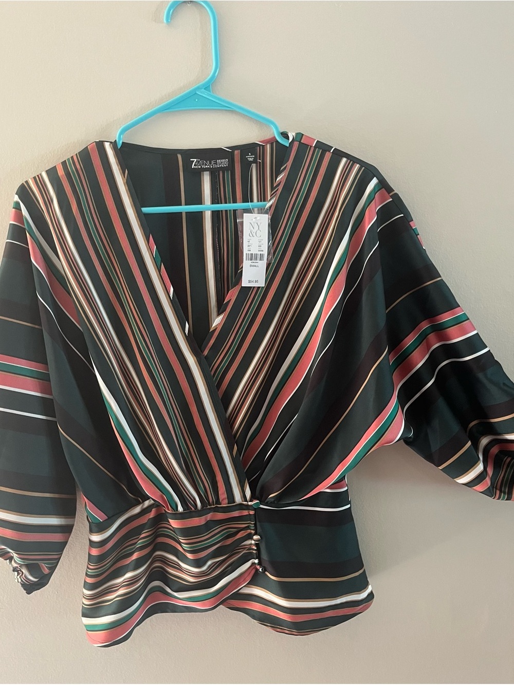 New York & Company Green Multi-Stripe Wrap Blouse